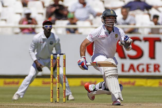 South African Dean Elgar reacts after hitting the ball as the team plays West Indies during the third test game in Cape Town, South Africa, Tuesday, Jan. 6, 2015. (AP Photo/Schalk van Zuydam)