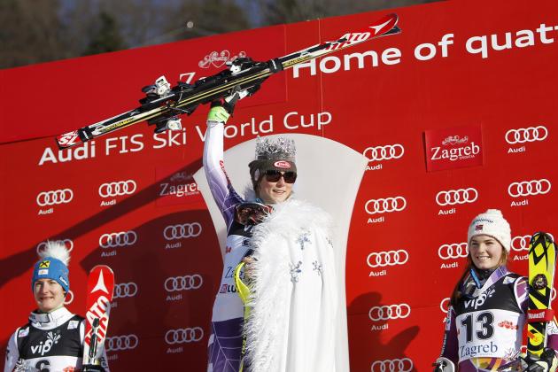 ZAGREB, CROATIA - JANUARY 04: (FRANCE OUT) Mikaela Shiffrin of the USA takes the 1st place,Kathrin Zettel of Austria takes the 2nd place,Nina Loeseth of Norway takes the 3rd place during the Audi FIS Alpine Ski World Cup Women's Slalom on January 04, 2015 in Zagreb, Croatia. (Photo by Alexis Boichard/Agence Zoom/Getty Images)