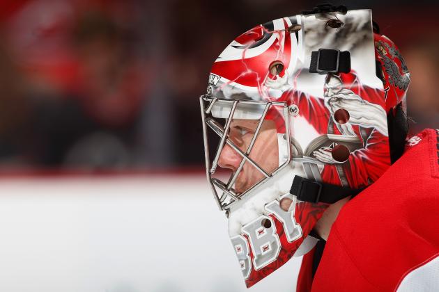 NEWARK, NJ - DECEMBER 23: Goalie Anton Khudobin #31 of the Carolina Hurricanes watches in an NHL hockey game against the New Jersey Devils at Prudential Center on December 23, 2014 in Newark, New Jersey. Hurricanes won 2-1 in a shootout. (Photo by Paul Bereswill/Getty Images)