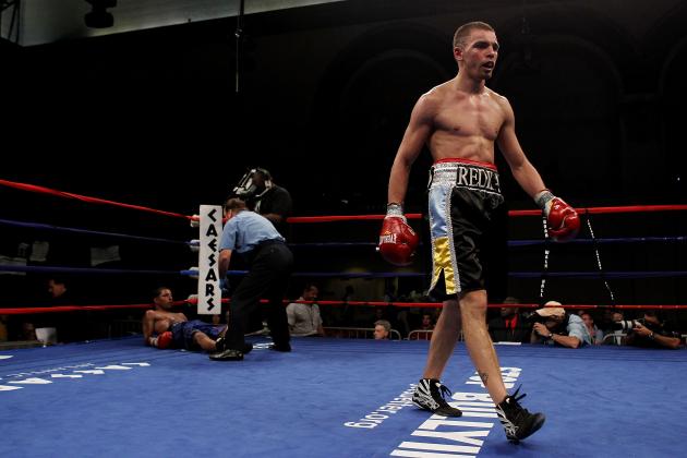 ATLANTIC CITY, NJ - JUNE 04:  Ivan Redkach knocks down Alberto Amaro during their Junior Welterweight bout at Boardwalk Hall on June 4, 2011 in Atlantic City, New Jersey.  (Photo by Al Bello/Getty Images)