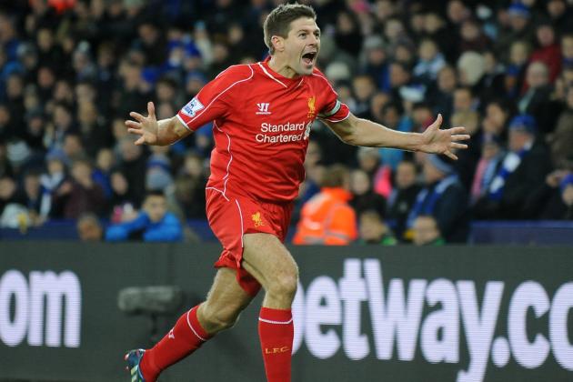 Liverpool's Steven Gerrard celebrates after scoring against Leicester during the English Premier League soccer match between Leicester City and Liverpool at King Power Stadium, in Leicester, England, Tuesday, Dec. 2, 2014.  (AP Photo/Rui Vieira)