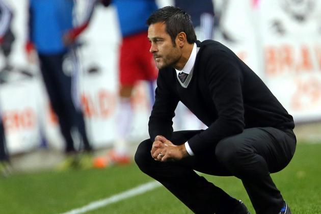 Oct 11, 2014; Harrison, NJ, USA; New York Red Bulls head coach Mike Petke looks on against the Toronto FC during the second half at Red Bull Arena. The Red Bulls defeated Toronto 3-1. Mandatory Credit: Adam Hunger-USA TODAY Sports