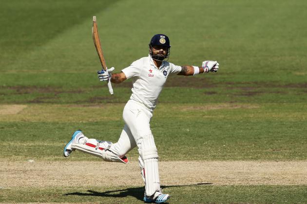 SYDNEY, AUSTRALIA - JANUARY 08:  Virat Kohli of India celebrates and acknowledges the crowd after scoring a century during day three of the Fourth Test match between Australia and India at Sydney Cricket Ground on January 8, 2015 in Sydney, Australia.  (Photo by Matt King/Getty Images)