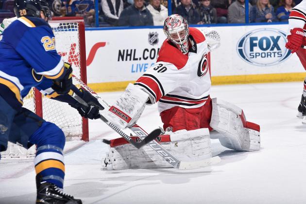 ST. LOUIS, MO - JANUARY 10: Cam Ward #30 of the Carolina Hurricanes makes a save against the St. Louis Blues  on January 10, 2015 at Scottrade Center in St. Louis, Missouri. (Photo by Scott Rovak/NHLI via Getty Images)