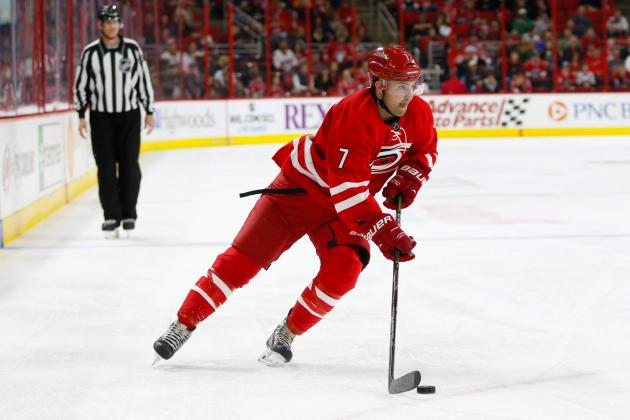Oct 14, 2014; Raleigh, NC, USA; Carolina Hurricanes defensemen Ryan Murphy (7) skates with puck against the Buffalo Sabres at PNC Arena. The Buffalo Sabres defeated the Carolina Hurricanes 4-3 in a shootout. Mandatory Credit: James Guillory-USA TODAY Sports