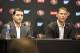 San Francisco 49ers owner Jed York, left, looks on as general manager Trent Baalke, right, speaks during a news conference at 49ers football headquarters in Santa Clara, Calif., on Monday, Dec. 29, 2014. (AP Photo/Tony Avelar)