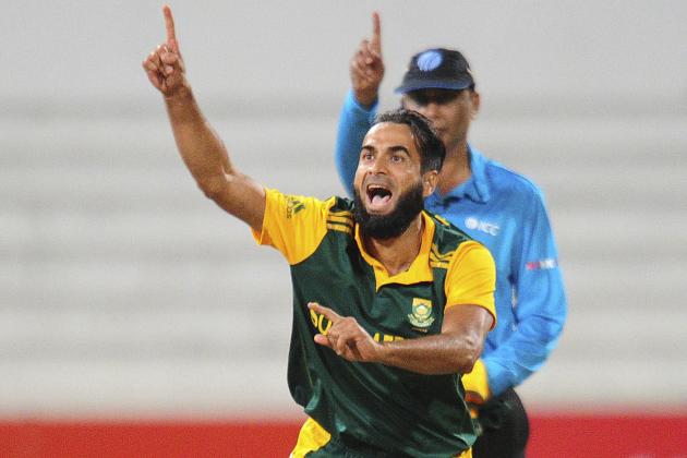 South Africa's Imran Tahir celebrates a wicket during the first One Day International against West Indies in Durban, South Africa, Friday, Jan. 16, 2015. (AP Photo)