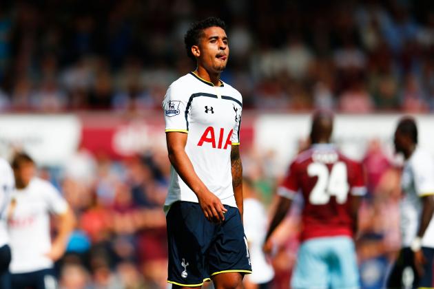 LONDON, ENGLAND - AUGUST 16:  A dejected Kyle Naughton of Spurs walks off the pitch after receiving the red card forhandball during the Barclays Premier League match between West Ham United and Tottenham Hotspur at Boleyn Ground on August 16, 2014 in London, England.  (Photo by Julian Finney/Getty Images)