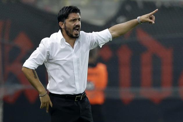OFI's coach Gennaro Gattuso of Italy gives instructions to his players during a Greek Soccer League match at the Georgios Karaiskakis stadium against Olympiacos in the port of Piraeus, near Athens on Saturday, Sept. 13, 2014. (AP Photo/Thanassis Stavrakis)