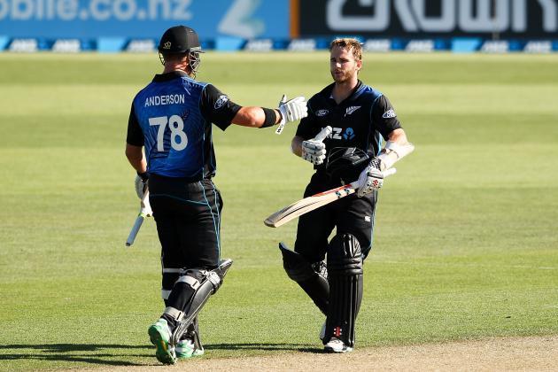 NELSON, NEW ZEALAND - JANUARY 20:  Kane Williamson of New Zealand celebrates scoring his century with Cory Anderson during the One Day International match between New Zealand and Sri Lanka at Saxton Field on January 20, 2015 in Nelson, New Zealand.  (Photo by Martin Hunter/Getty Images)
