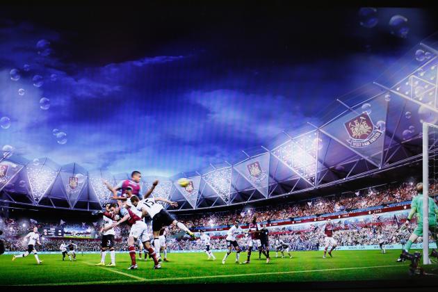LONDON, ENGLAND - MARCH 22:  Screen grabs of artists impression of how the stadium will look with West Ham playing their matches at the Olympic Stadium during the press conference to announce the future of the Olympic Stadium on March 22, 2013 in London, England. West Ham United have been announced as the main tenants of the Olympic Stadium, paying 15 million GBP upfront towards conversion costs and an annual rent of 2 million GBP.  West Ham will play their home matches at the Stadium from 2016.  (Photo by Tom Shaw/Getty Images)