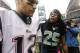 Seattle Seahawks' Richard Sherman (25) talks with New England Patriots quarterback Tom Brady after an NFL football game, Sunday, Oct. 14, 2012, in Seattle. The Seahawks won 24-23. (AP Photo/Elaine Thompson)