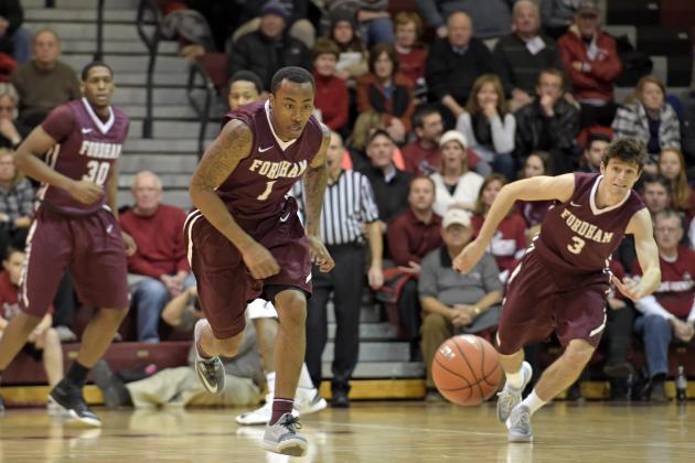 Jan 14, 2015; Philadelphia, PA, USA; Fordham Rams guard Mandell Thomas (1) chases after loose ball against the Saint Joseph's Hawks during the first half at Hagan Arena. Mandatory Credit: Eric Hartline-USA TODAY Sports