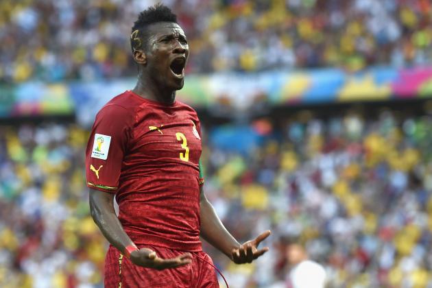 FORTALEZA, BRAZIL - JUNE 21: Asamoah Gyan of Ghana celebrates scoring his team's second goal during the 2014 FIFA World Cup Brazil Group G match between Germany and Ghana at Castelao on June 21, 2014 in Fortaleza, Brazil. (Photo by Laurence Griffiths/Getty Images)