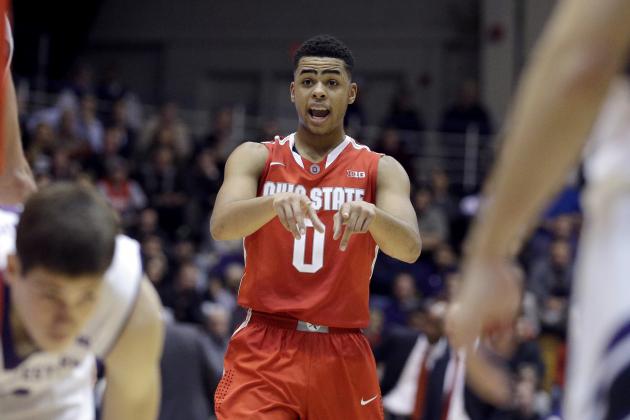 Ohio State guard D'Angelo Russell (0) talks to teammates during the second half of an NCAA college basketball game against Northwestern on Thursday, Jan. 22, 2015, in Evanston, Ill. Ohio State won 69-67. (AP Photo/Nam Y. Huh)