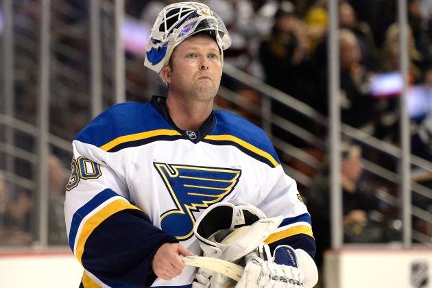 ANAHEIM, CA - JANUARY 02:  Martin Brodeur #30 of the St. Louis Blues reacts after a stop in play trailing 4-3 to the Anaheim Ducks during the third period at Honda Center on January 2, 2015 in Anaheim, California.  The Ducks won 4-3.  (Photo by Harry How/Getty Images)