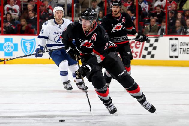 RALEIGH, NC - JANUARY 27: Jordan Staal #11 of the Carolina Hurricanes carries the puck during an NHL game against of the Tampa Bay Lightning at PNC Arena on January 27, 2015 in Raleigh, North Carolina.  (Photo by Gregg Forwerck/NHLI via Getty Images)