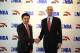 BEIJING, CHINA - OCTOBER 13: Anta Chairman and CEO Ding ShiZhong and NBA Commissioner Adam Silver pose for a photo at the Anta press conference as part of the 2014 NBA Global Games at Renmin University on October 13, 2014 in Beijing, China. NOTE TO USER: User expressly acknowledges and agrees that, by downloading and/or using this photograph, user is consenting to the terms and conditions of the Getty Images License Agreement. Mandatory Copyright Notice: Copyright 2014 NBAE (Photo by Nathaniel S. Butler/NBAE via Getty Images)