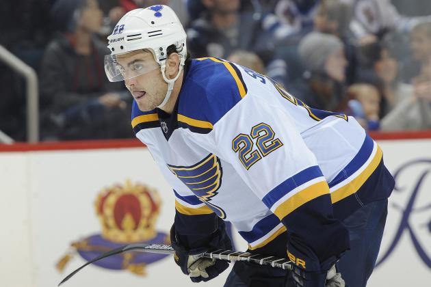 WINNIPEG, CANADA - NOVEMBER 23: Kevin Shattenkirk #22 of the St. Louis Blues gets set for a third period face-off against the Winnipeg Jets on November 23, 2014 at the MTS Centre in Winnipeg, Manitoba, Canada. The Blues defeated the Jets 4-2. (Photo by Lance Thomson/NHLI via Getty Images)