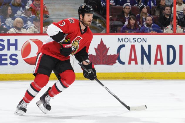 OTTAWA, ON - JANUARY 21: Marc Methot of the Ottawa Senators skates against the Toronto Maple Leafs at Canadian Tire Centre on January 21, 2015 in Ottawa, Ontario, Canada.  (Photo by Jana Chytilova/Freestyle Photography/Getty Images)