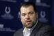 Indianapolis Colts General Manager Ryan Grigson declines to answer a question about deflated footballs used by the New England Patriots in the AFC Championship game during a press conference at the NFL football team's practice facility in Indianapolis, Friday, Jan. 23, 2015. The Colts lost to the Patriots in last Sunday's AFC Championship. (AP Photo/Michael Conroy)