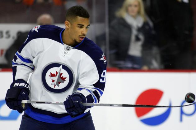 The Winnipeg Jets' Evander Kane  during warm-up prior to an NFL hockey game against the Philadelphia Flyers, Thursday, Jan 29, 2015., in Philadelphia. (AP Photo/Tom Mihalek)
