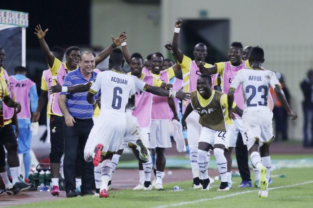 Ghana soccer players celebrates after Mubarak Wakaso, scored a goal against Equatorial Guinea, during their African Cup of Nations Semifinals soccer match at Estadio De Malabo, Equatorial Guinea, Thursday Feb. 5, 2015. (AP Photo/Sunday Alamba)