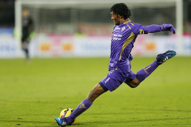In this Jan. 25, 2015 Fiorentina's midfielder Juan Cuadrado kicks the ball during a serie A soccer match between Fiorentina and Roma in Florence, Italy. Fiorentina coach Vincenzo Montella has confirmed Friday, Jan. 30, 2015, Juan Cuadrado is set to complete a move to Chelsea, with Mohamed Salah moving on loan in the opposite direction. Cuadrado is expected to undergo a medical in London on Saturday ahead of signing a permanent deal with the Premier League club. (AP Photo/Fabio Muzzi, file)