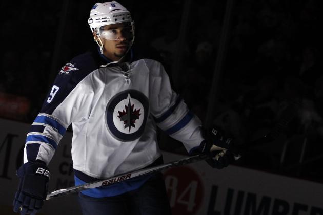 PITTSBURGH, PA - JANUARY 27:  Evander Kane #9 of the Winnipeg Jets skates during introductions before the game against the Pittsburgh Penguins  at Consol Energy Center on January 27, 2015 in Pittsburgh, Pennsylvania.  (Photo by Justin K. Aller/Getty Images)