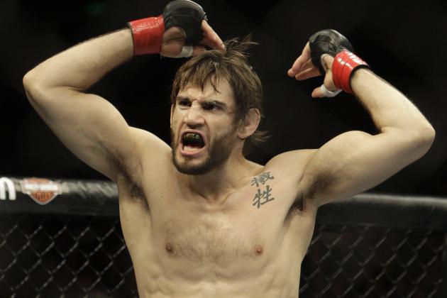 Jon Fitch reacts during a UFC mixed martial arts match against Thiago Alves in Oakland, California, Saturday, August 7, 2010. Fitch won by unanimous decision. (AP Photo/Jeff Chiu)