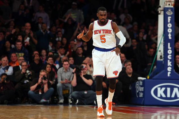 Jan 28, 2015; New York, NY, USA; New York Knicks shooting guard Tim Hardaway Jr. (5) reacts after hitting a three point shot against the Oklahoma City Thunder during the fourth quarter at Madison Square Garden. The Knicks defeated the Thunder 100-92. Mandatory Credit: Brad Penner-USA TODAY Sports