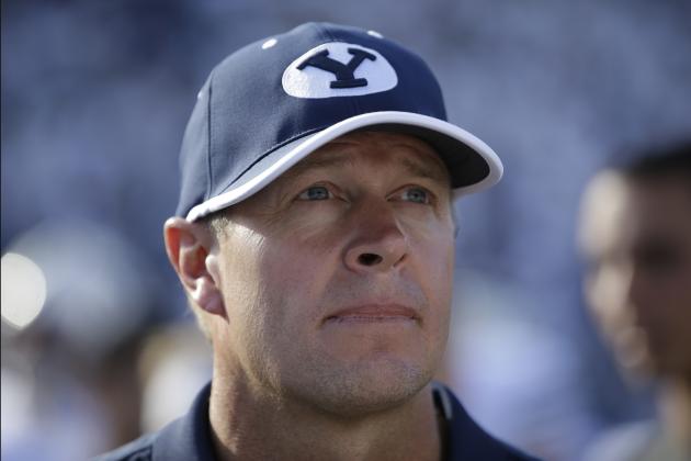 Brigham Young head coach Bronco Mendenhall looks on after their 41-33 victory over Virginia following their NCAA college football game Saturday, Sept. 20, 2014, in Provo, Utah. (AP Photo/Rick Bowmer)