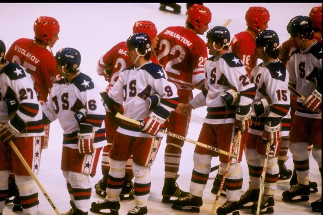 22 Feb 1980: General view of teams from the United States and the Soviet Union shaking hands after the semifinal hockey game during the Winter Olympics in Lake Placid, New York. The United States won the game 4-3. The game was dubbed The Miracle On Ice.