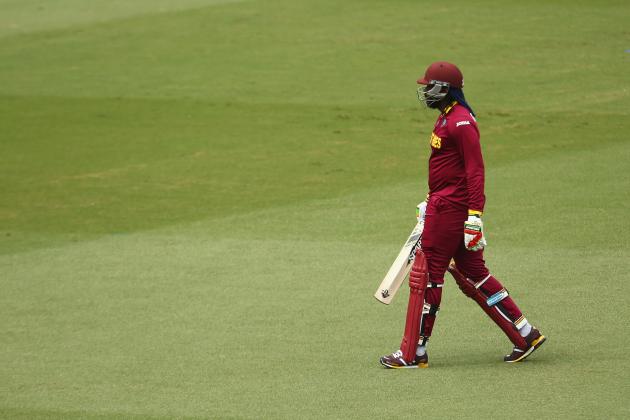 SYDNEY, AUSTRALIA - FEBRUARY 09: Chris Gayle of West Indies leaves the field after being dismissed first ball during the ICC Cricket World Cup warm up match between England and the West Indies at Sydney Cricket Ground on February 9, 2015 in Sydney, Australia. (Photo by Mark Kolbe/Getty Images)