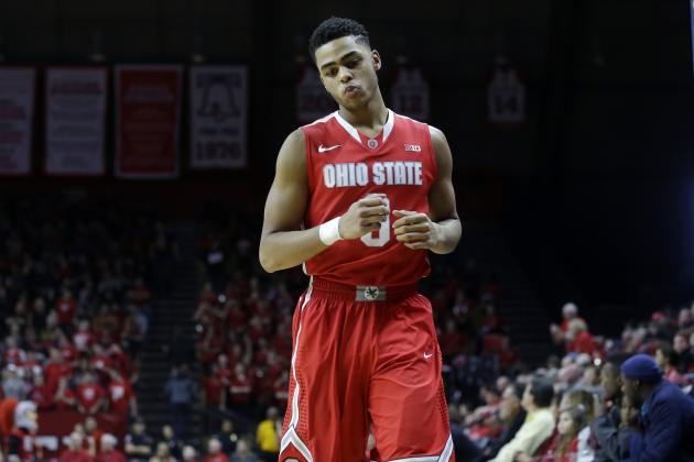 Ohio State guard D'Angelo Russell (0) runs up the court during the second half of an NCAA college basketball game against Rutgers in Piscataway, N.J., Sunday, Feb. 8, 2015. Russell had a triple-double in Ohio State's 79-60 win. (AP Photo/Mel Evans)