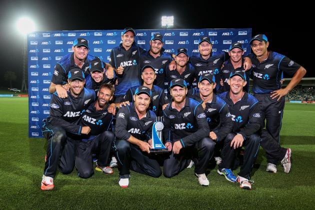 NAPIER, NEW ZEALAND - FEBRUARY 03: Captain Brendon McCullum and Kane Williamson of New Zealand hold the ANZ Series trophy after winning the One Day International match between New Zealand and Pakistan at McLean Park on February 3, 2015 in Napier, New Zealand. (Photo by Hagen Hopkins/Getty Images)