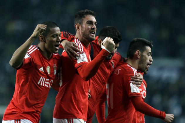 Benfica's Jardel Vieira, second left, from Brazil, celebrates with teammates Derley Marinho, left, also from Brazil, and Luis Fernandes