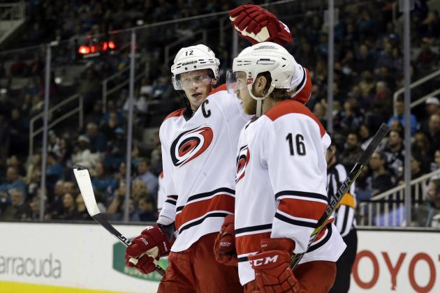 Carolina Hurricanes' Elias Lindholm (16) celebrates his goal with teammate Eric Staal during the second period of an NHL hockey game against the San Jose Sharks on Saturday, Feb. 7, 2015, in San Jose, Calif. (AP Photo/Marcio Jose Sanchez)