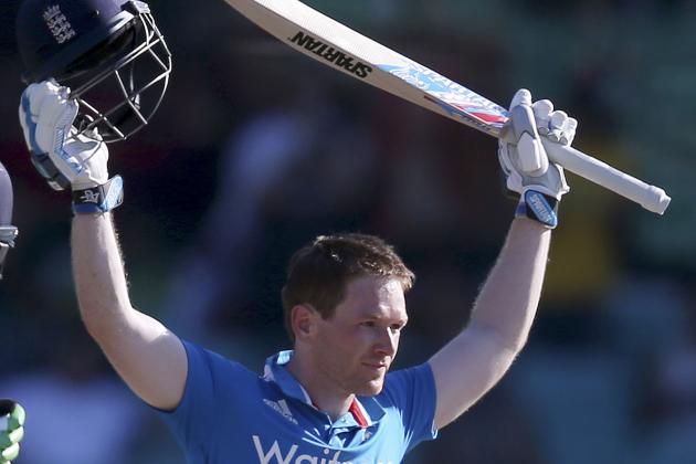 England's Eoin Morgan celebrates after making 100 runs against Australia during their One Day International cricket match in Sydney, Friday, Jan. 16, 2015. (AP Photo/Rick Rycroft)