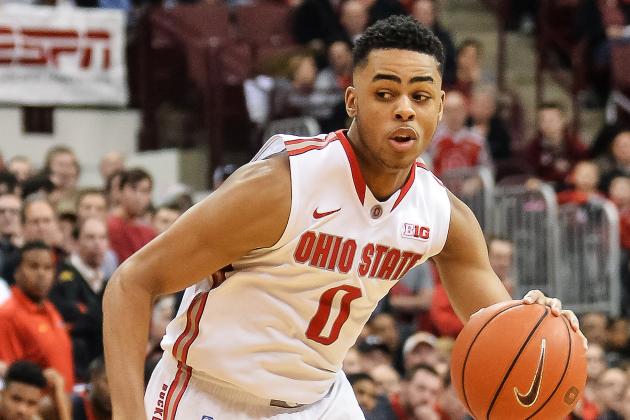 COLUMBUS, OH - JANUARY 29: DAngelo Russell #0 of the Ohio State Buckeyes controls the ball against the Maryland Terrapins on January 29, 2015 at Value City Arena in Columbus, Ohio. (Photo by Jamie Sabau/Getty Images)
