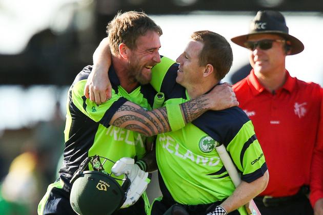 NELSON, NEW ZEALAND - FEBRUARY 16:  John Mooney (L) and Niall O'Brien of Ireland celebrate after winning the 2015 ICC Cricket World Cup match between the West Indies and Ireland at Saxton Field on February 16, 2015 in Nelson, New Zealand.  (Photo by Hagen Hopkins/Getty Images)