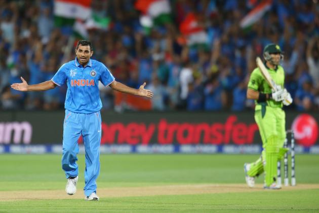 ADELAIDE, AUSTRALIA - FEBRUARY 15:  Mohammed Shami of India celebrates after dismissing Misbah-ul-Haq of Pakistan during the 2015 ICC Cricket World Cup match between India and Pakistan at Adelaide Oval on February 15, 2015 in Adelaide, Australia.  (Photo by Scott Barbour/Getty Images)