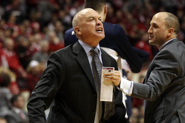 Feb 12, 2014; Bloomington, IN, USA; Penn State Nittany Lions head coach Pat Chambers reacts during the second half against the Indiana Hoosiers at Assembly Hall. Penn State won 66-65. Mandatory Credit: Pat Lovell-USA TODAY Sports