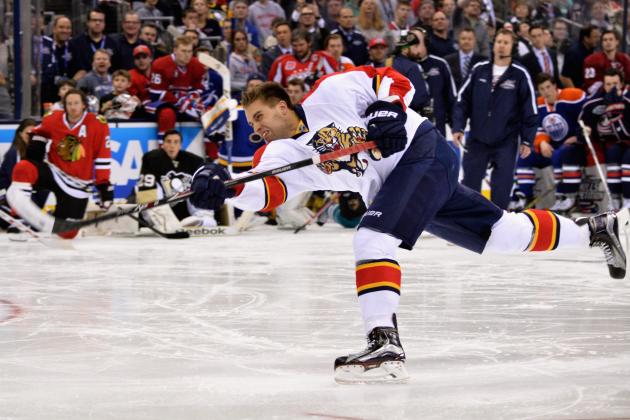 COLUMBUS, OH - JANUARY 24:  Aaron Ekblad #5 of the Florida Panthers and Team Toews competes in the AMP NHL Hardest Shot event of the 2015 Honda NHL All-Star Skills Competition at Nationwide Arena on January 24, 2015 in Columbus, Ohio.  (Photo by Jamie Sabau/NHLI via Getty Images)