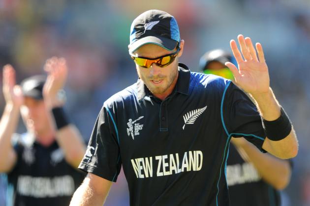 New Zealand bowler Tim Southee waves to the crowd after taking seven wickets during their Cricket World Cup match against England in Wellington, New Zealand, Friday Feb. 20, 2015. (AP Photo/Ross Setford)
