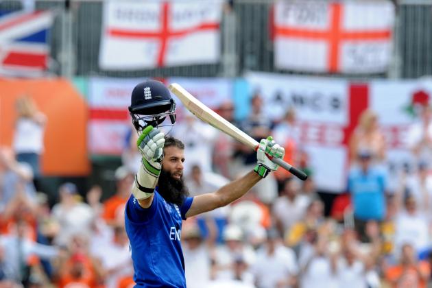 England's Moeen Ali waves to the crowd after reaching a century during their Cricket World Cup match against Scotland in Christchurch, New Zealand, Monday, Feb. 23, 2015. (AP Photo Ross Setford)