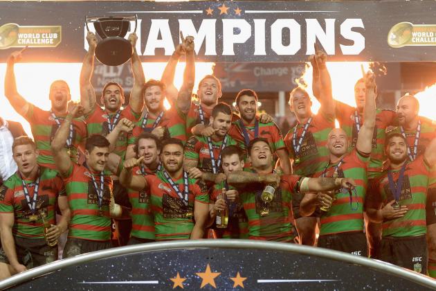 ST HELENS, ENGLAND - FEBRUARY 22:  South Sydney Rabbitohs celebrate with the trophy after victory in the World Club Challenge match between St Helens and South Sydney Rabbitohs at Langtree Park on February 22, 2015 in St Helens, England. The match is the climax of the newly-expanded World Club Series. The Rabbitohs won the match 39-0 - a record score. (Photo by Gareth Copley/Getty Images)
