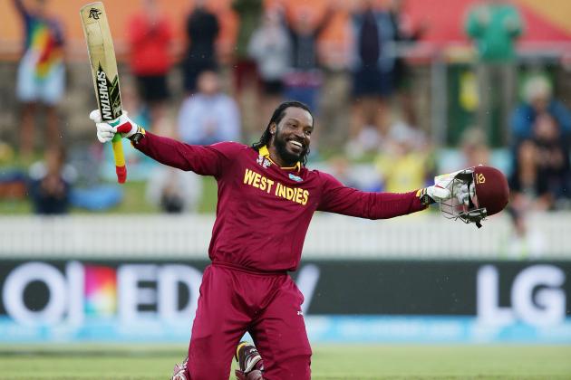 West Indies batsman Chris Gayle celebrates after scoring a double century during their Cricket World  Cup Pool B match against Zimbabwe in Canberra, Australia, Tuesday, Feb. 24, 2015. (AP Photo/Rob Griffith)
