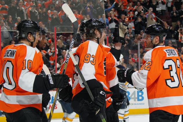 PHILADELPHIA, PA - FEBRUARY 19: Jakub Voracek #93 of the Philadelphia Flyers celebrates his second period power-play goal against the Buffalo Sabres with teammates Brayden Schenn #10 and Mark Streit #32 on February 19, 2015 at the Wells Fargo Center in Philadelphia, Pennsylvania. (Photo by Len Redkoles/NHLI via Getty Images)