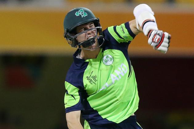 BRISBANE, AUSTRALIA - FEBRUARY 25:  George Dockrell of Ireland celebrates winning the 2015 ICC Cricket World Cup match between Ireland and the United Arab Emirates at The Gabba on February 25, 2015 in Brisbane, Australia.  (Photo by Chris Hyde/Getty Images)